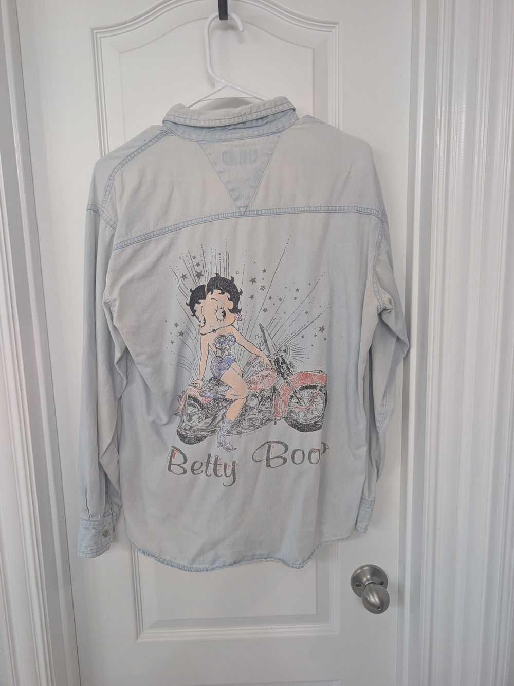 Betty Boop Light Blue Denim Button-Down Shirt with Graphic Motorcycle Print